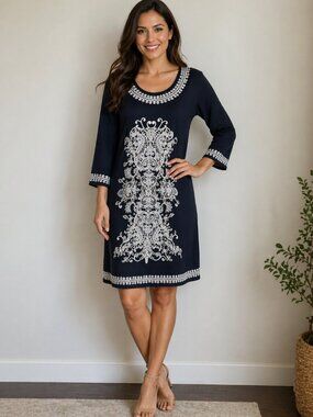 INC International Concepts women's Large L DRESS embroidered detail front BLACK